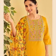 Yellow Embroidered Straight Kurta Set with Pant and Printed Dupatta-Bhumija