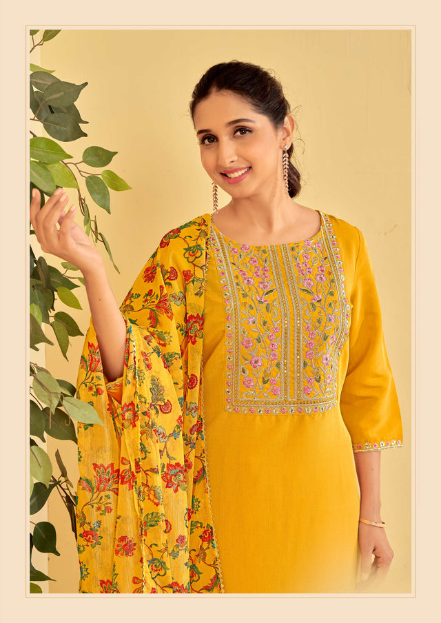 Yellow Embroidered Straight Kurta Set with Pant and Printed Dupatta-Bhumija