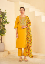 Yellow Embroidered Straight Kurta Set with Pant and Printed Dupatta-Bhumija