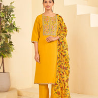 Yellow Embroidered Straight Kurta Set with Pant and Printed Dupatta-Bhumija