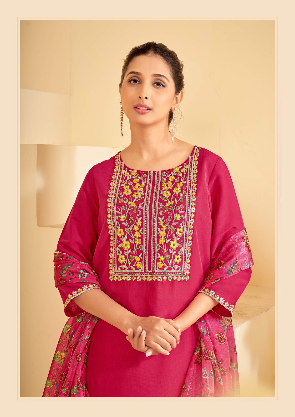 Pink Embroidered Straight Kurta Set with Pant and Printed Dupatta - Bhumija