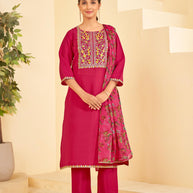 Pink Embroidered Straight Kurta Set with Pant and Printed Dupatta - Bhumija