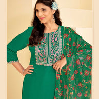 Teal Green Embroidered Straight Kurta Set with Pant and Printed Dupatta - Bhumija