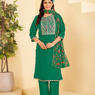 Teal Green Embroidered Straight Kurta Set with Pant and Printed Dupatta - Bhumija