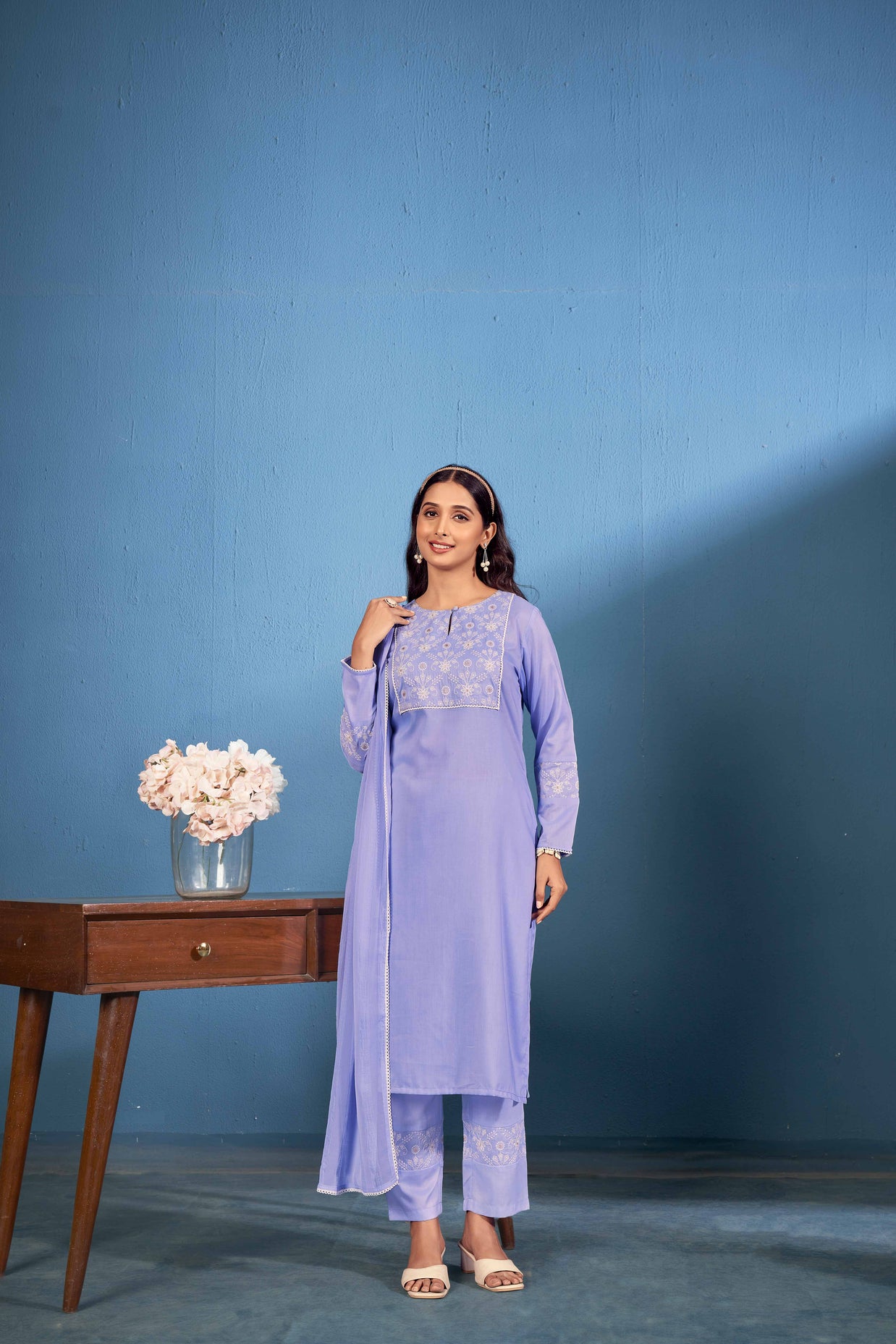 Laxmipati Naina Straight Kurta Set with Trousers & Dupatta in Blue Color