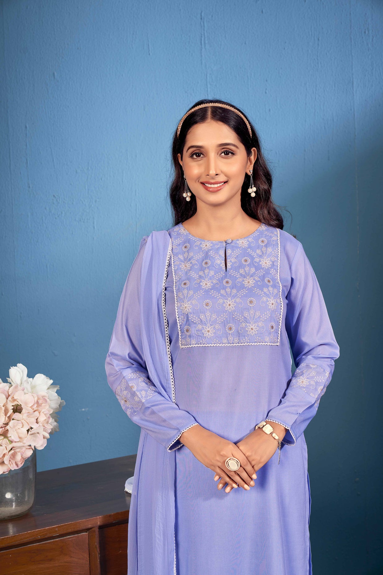 Laxmipati Naina Straight Kurta Set with Trousers & Dupatta in Blue Color