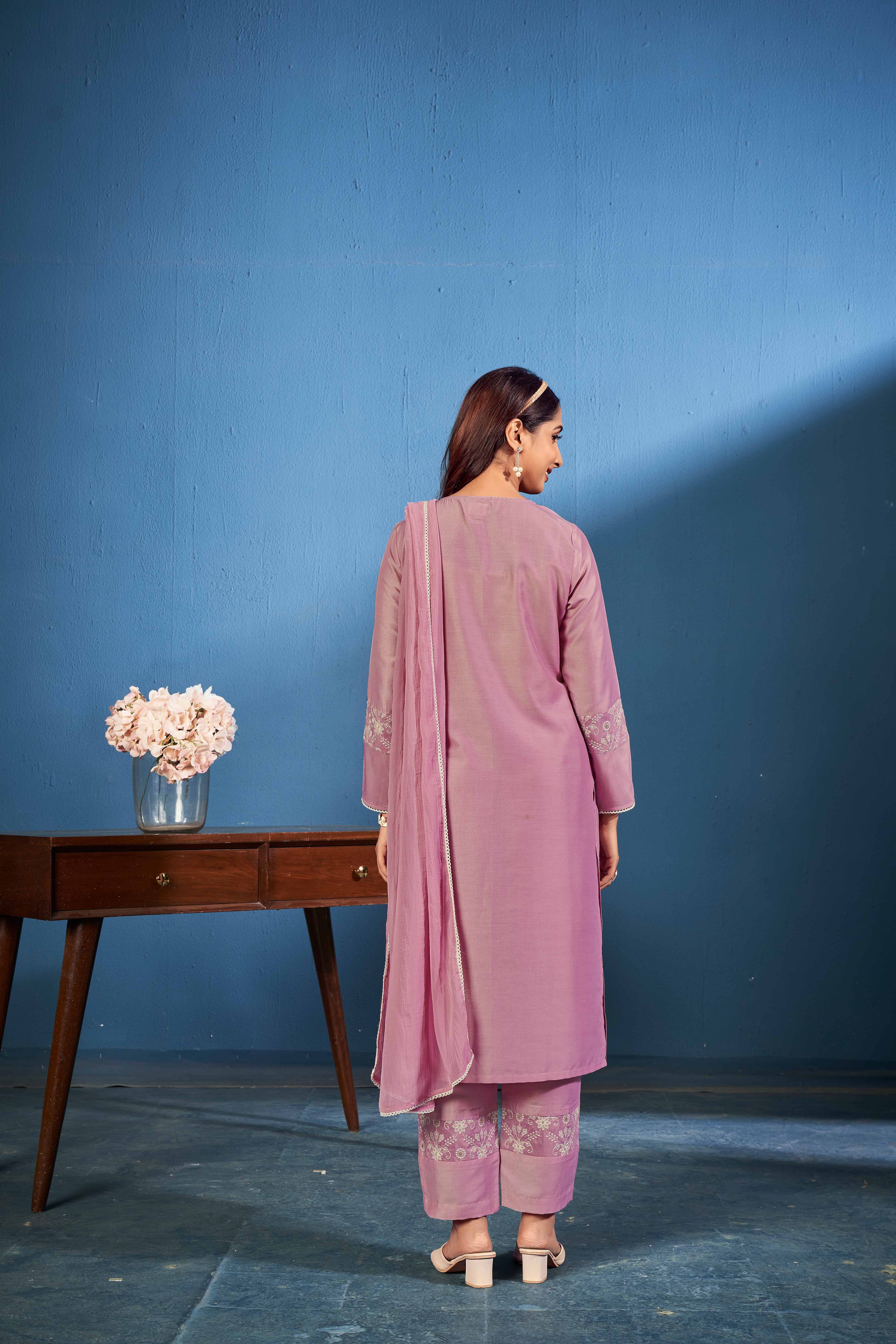 Laxmipati Naina Straight Kurta Set with Trousers & Dupatta in Purple Color