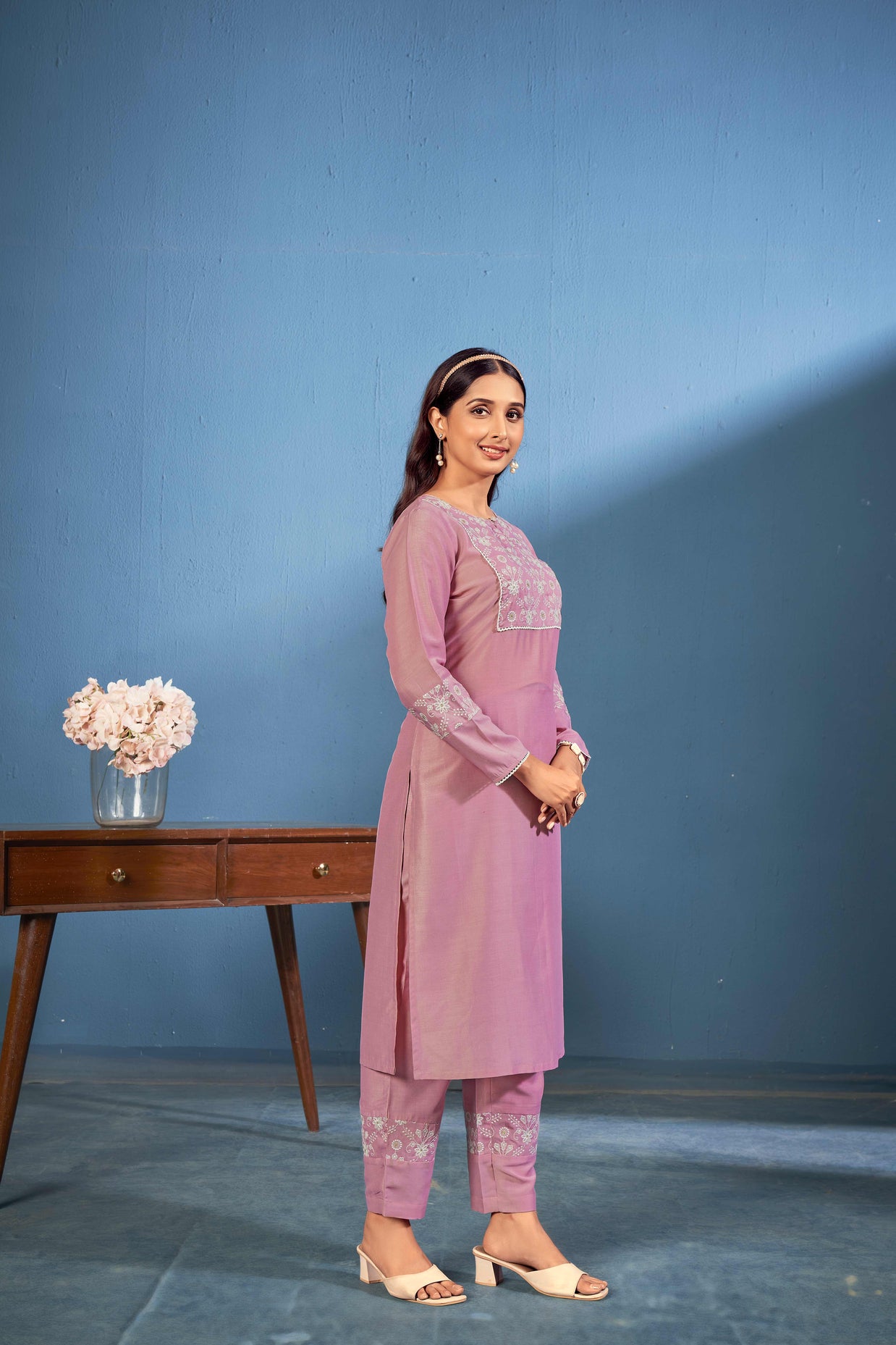 Laxmipati Naina Straight Kurta Set with Trousers & Dupatta in Purple Color