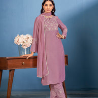 Laxmipati Naina Straight Kurta Set with Trousers & Dupatta in Purple Color