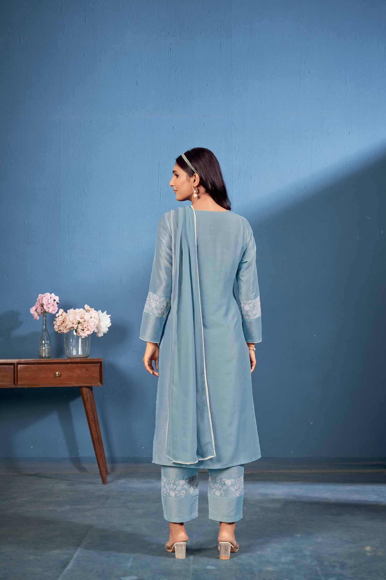 Laxmipati Naina Straight Kurta Set with Trousers & Dupatta in Teal Color