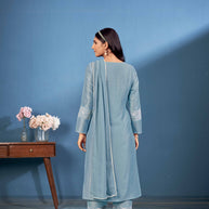 Laxmipati Naina Straight Kurta Set with Trousers & Dupatta in Teal Color