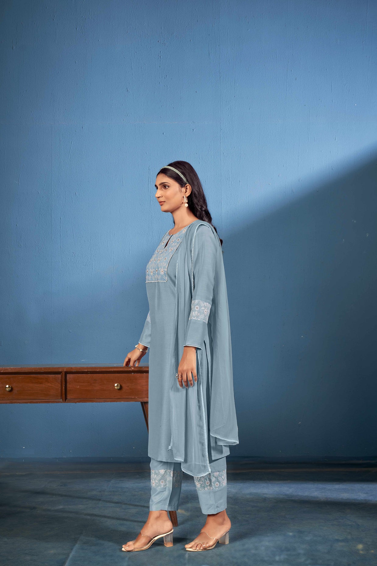 Laxmipati Naina Straight Kurta Set with Trousers & Dupatta in Teal Color