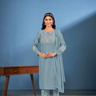 Laxmipati Naina Straight Kurta Set with Trousers & Dupatta in Teal Color