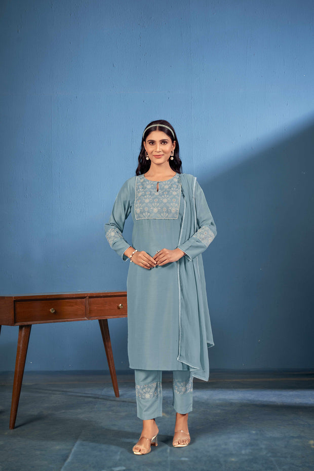 Laxmipati Naina Straight Kurta Set with Trousers & Dupatta in Teal Color