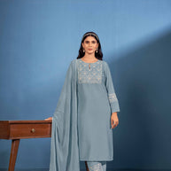 Laxmipati Naina Straight Kurta Set with Trousers & Dupatta in Teal Color