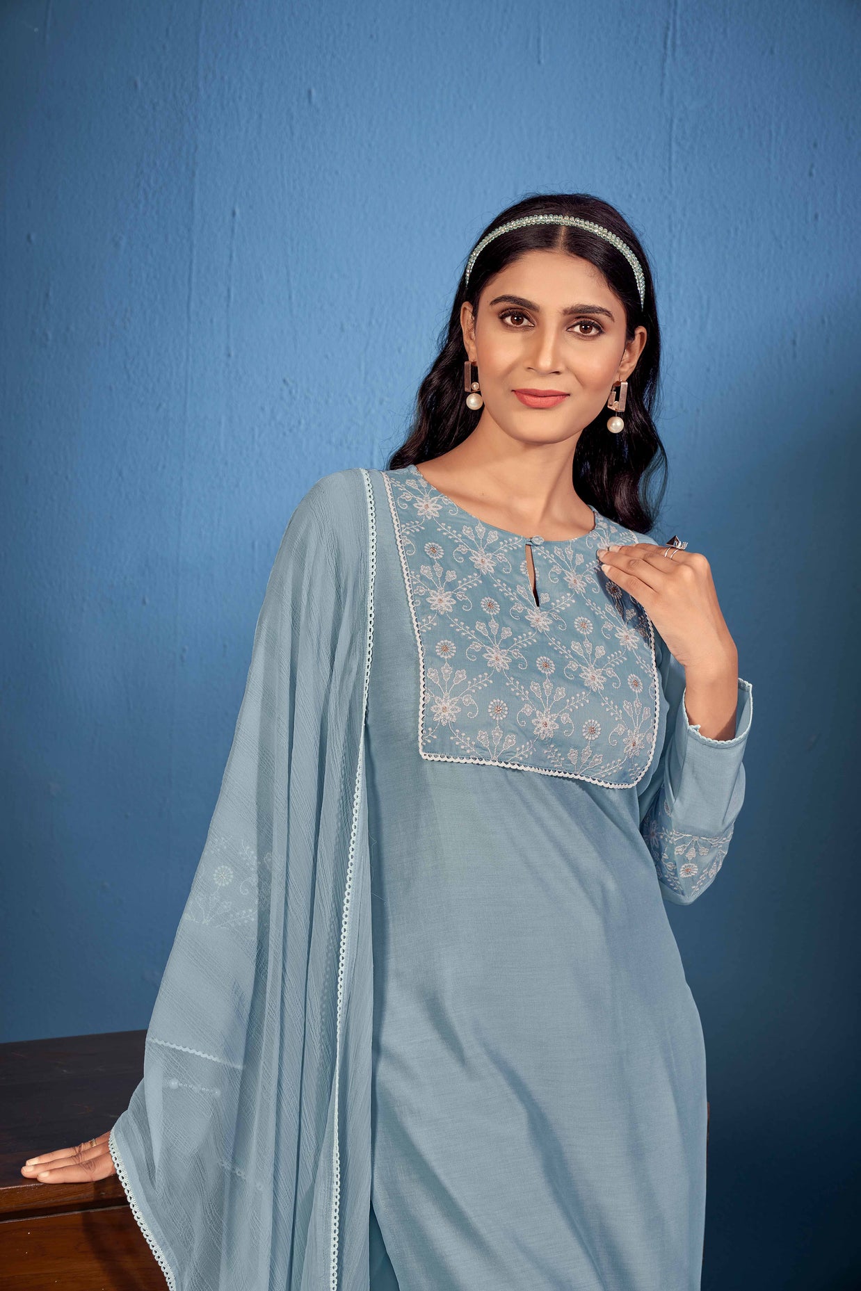 Laxmipati Naina Straight Kurta Set with Trousers & Dupatta in Teal Color