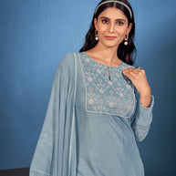 Laxmipati Naina Straight Kurta Set with Trousers & Dupatta in Teal Color