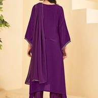 Dark Purple A-Line Kurta Set with Matching Pant & Dupatta - Resham