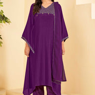 Dark Purple A-Line Kurta Set with Matching Pant & Dupatta - Resham