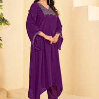 Dark Purple A-Line Kurta Set with Matching Pant & Dupatta - Resham