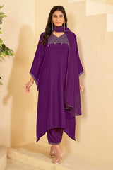 Dark Purple A-Line Kurta Set with Matching Pant & Dupatta - Resham