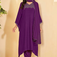 Dark Purple A-Line Kurta Set with Matching Pant & Dupatta - Resham