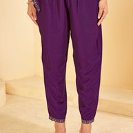 Dark Purple A-Line Kurta Set with Matching Pant & Dupatta - Resham