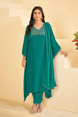 Sea Green A-Line Kurta Set with Matching Pant & Dupatta - Resham