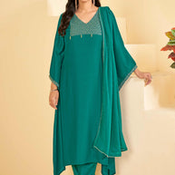 Sea Green A-Line Kurta Set with Matching Pant & Dupatta - Resham