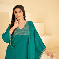 Sea Green A-Line Kurta Set with Matching Pant & Dupatta - Resham
