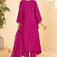 Pink A-Line Kurti Set with Matching Pant & Dupatta-Resham
