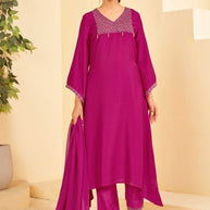 Pink A-Line Kurti Set with Matching Pant & Dupatta-Resham