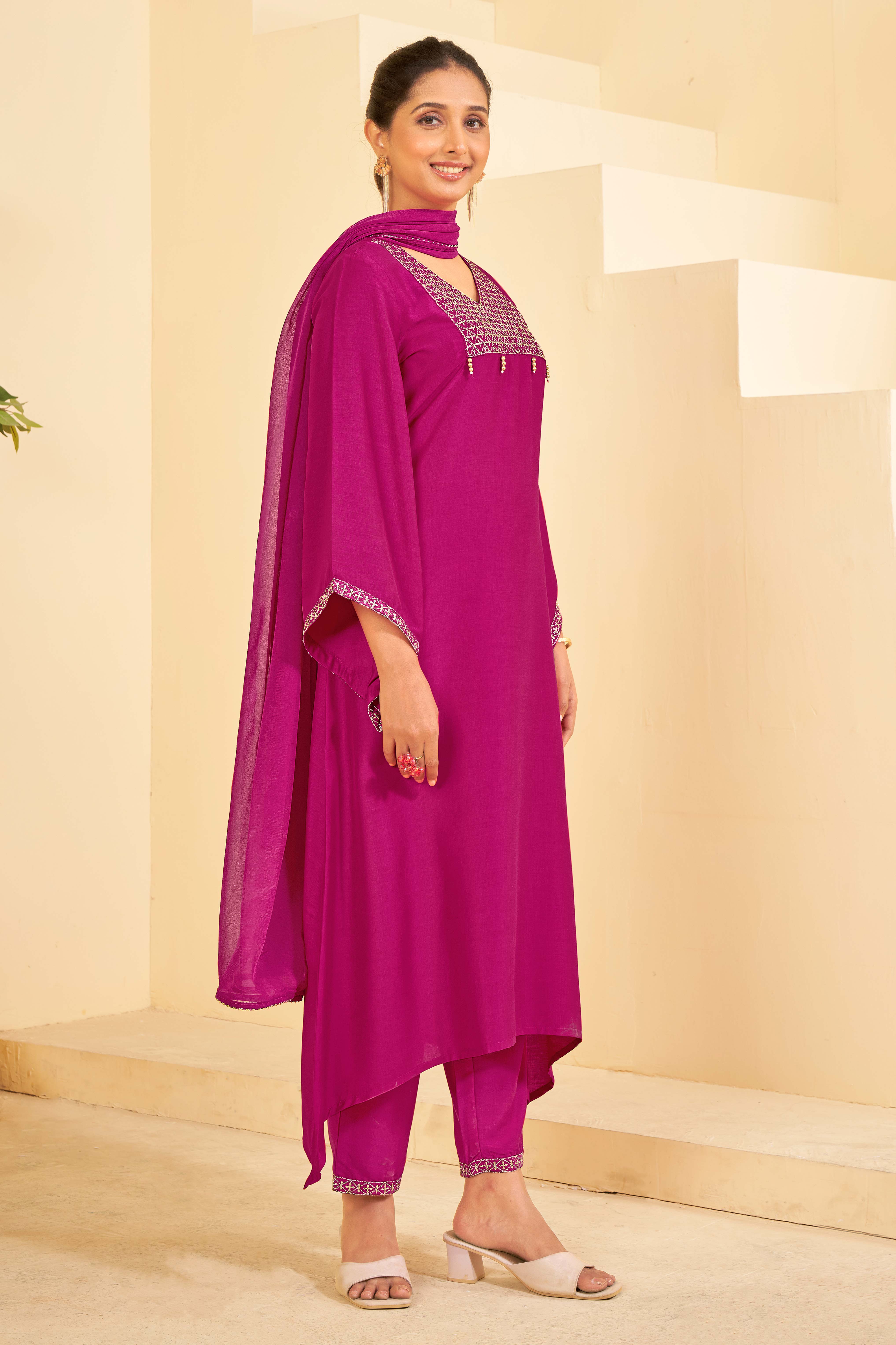 Pink A-Line Kurti Set with Matching Pant & Dupatta-Resham
