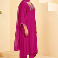 Pink A-Line Kurti Set with Matching Pant & Dupatta-Resham