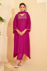 Pink A-Line Kurti Set with Matching Pant & Dupatta-Resham