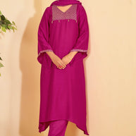 Pink A-Line Kurti Set with Matching Pant & Dupatta-Resham