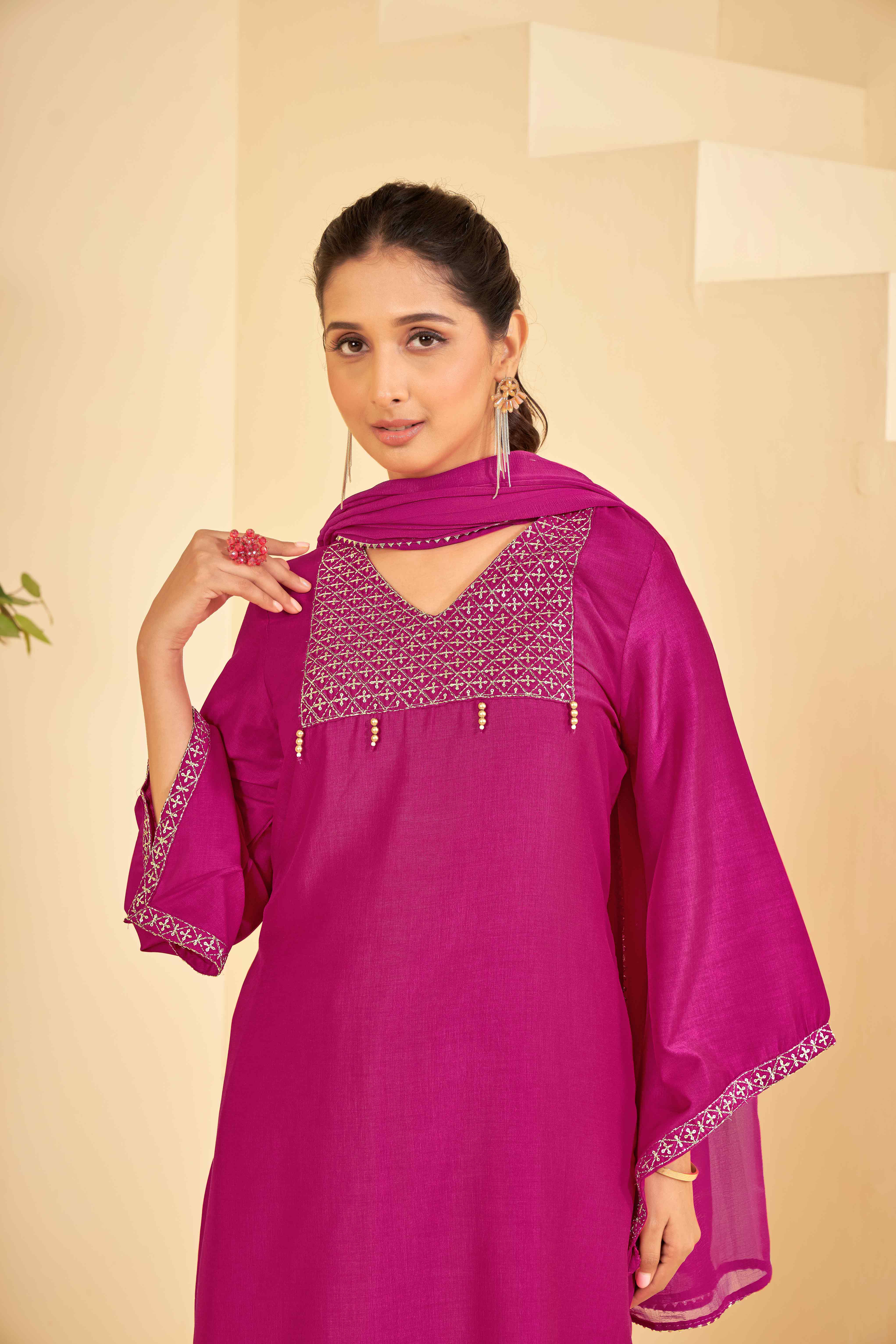 Pink A-Line Kurti Set with Matching Pant & Dupatta-Resham