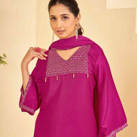 Pink A-Line Kurti Set with Matching Pant & Dupatta-Resham