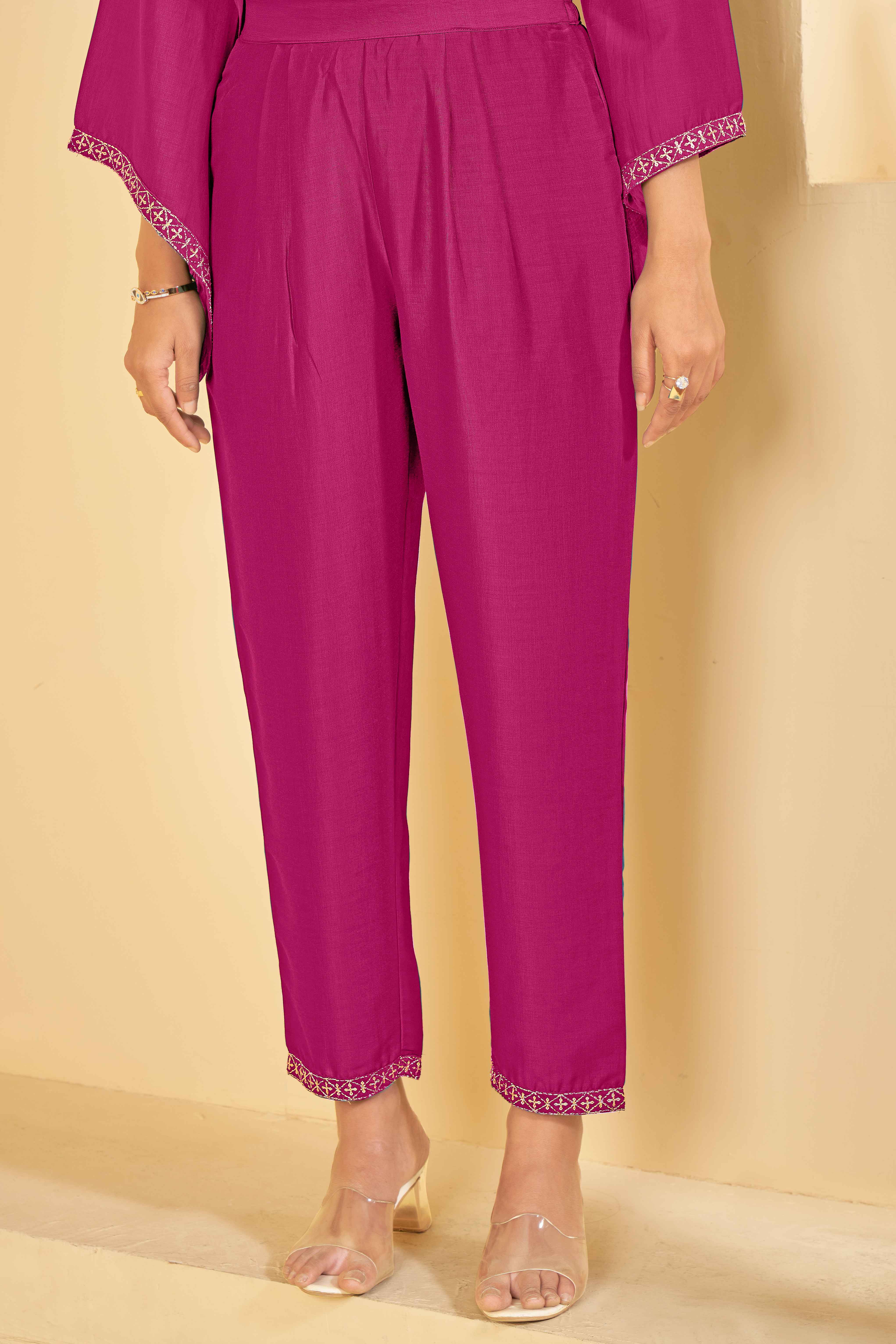 Pink A-Line Kurti Set with Matching Pant & Dupatta-Resham