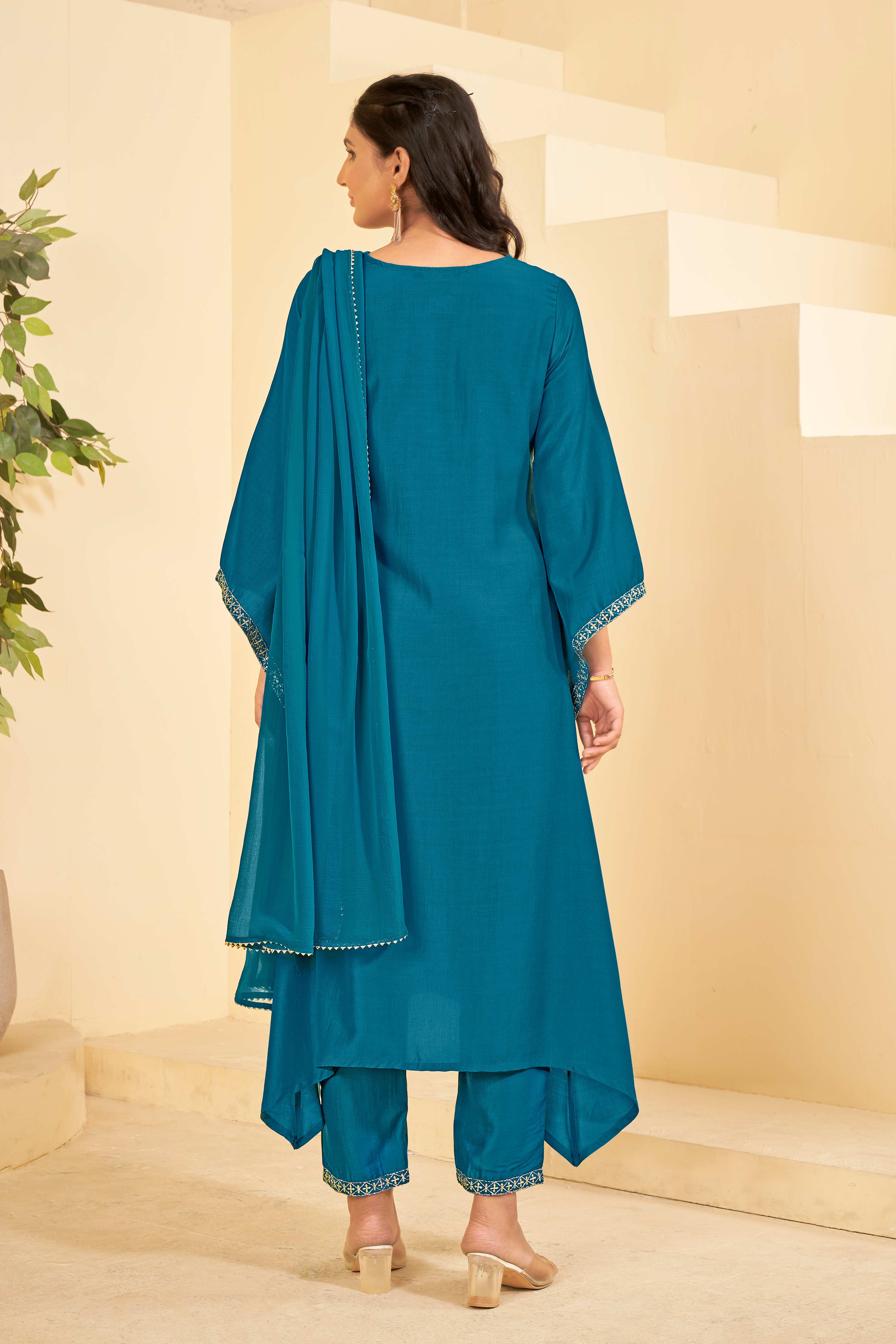 Blue A-Line Kurti Set with Maching Pant & Dupatta - Resham