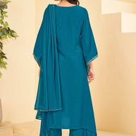 Blue A-Line Kurti Set with Maching Pant & Dupatta - Resham