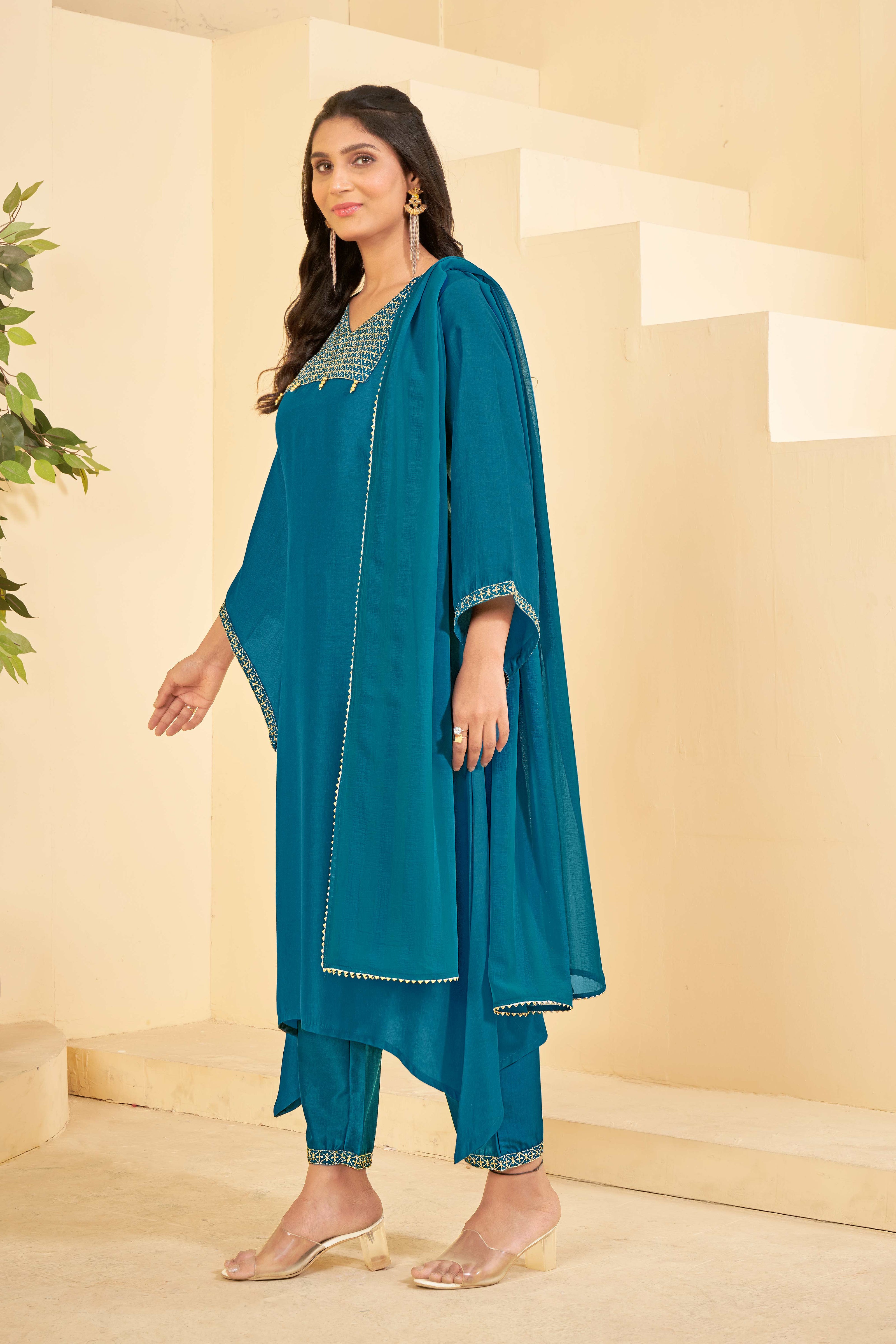 Blue A-Line Kurti Set with Maching Pant & Dupatta - Resham