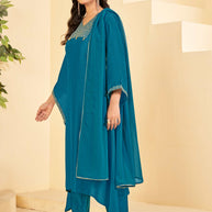 Blue A-Line Kurti Set with Maching Pant & Dupatta - Resham