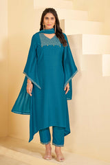 Blue A-Line Kurti Set with Maching Pant & Dupatta - Resham