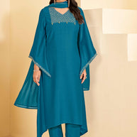 Blue A-Line Kurti Set with Maching Pant & Dupatta - Resham