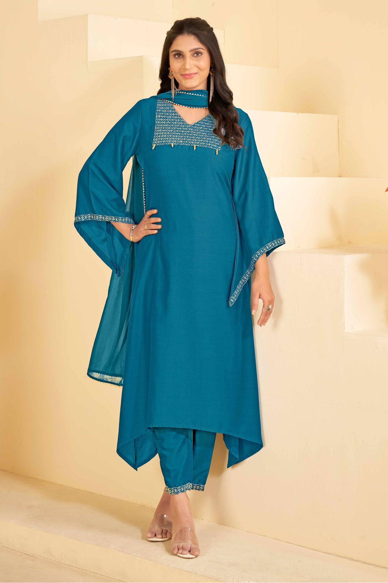 Blue A-Line Kurti Set with Maching Pant & Dupatta - Resham