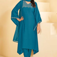 Blue A-Line Kurti Set with Maching Pant & Dupatta - Resham