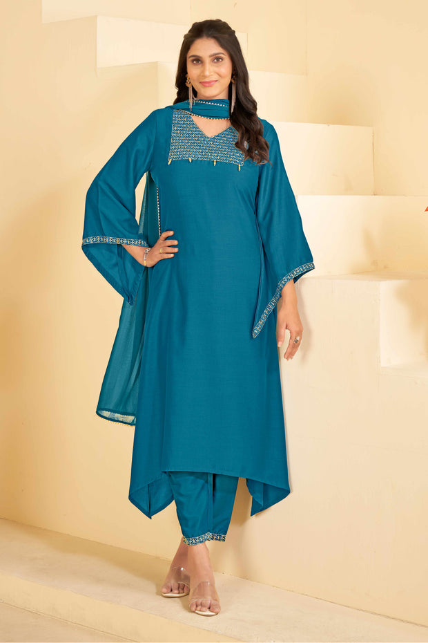 Blue A-Line Kurti Set with Maching Pant & Dupatta - Resham