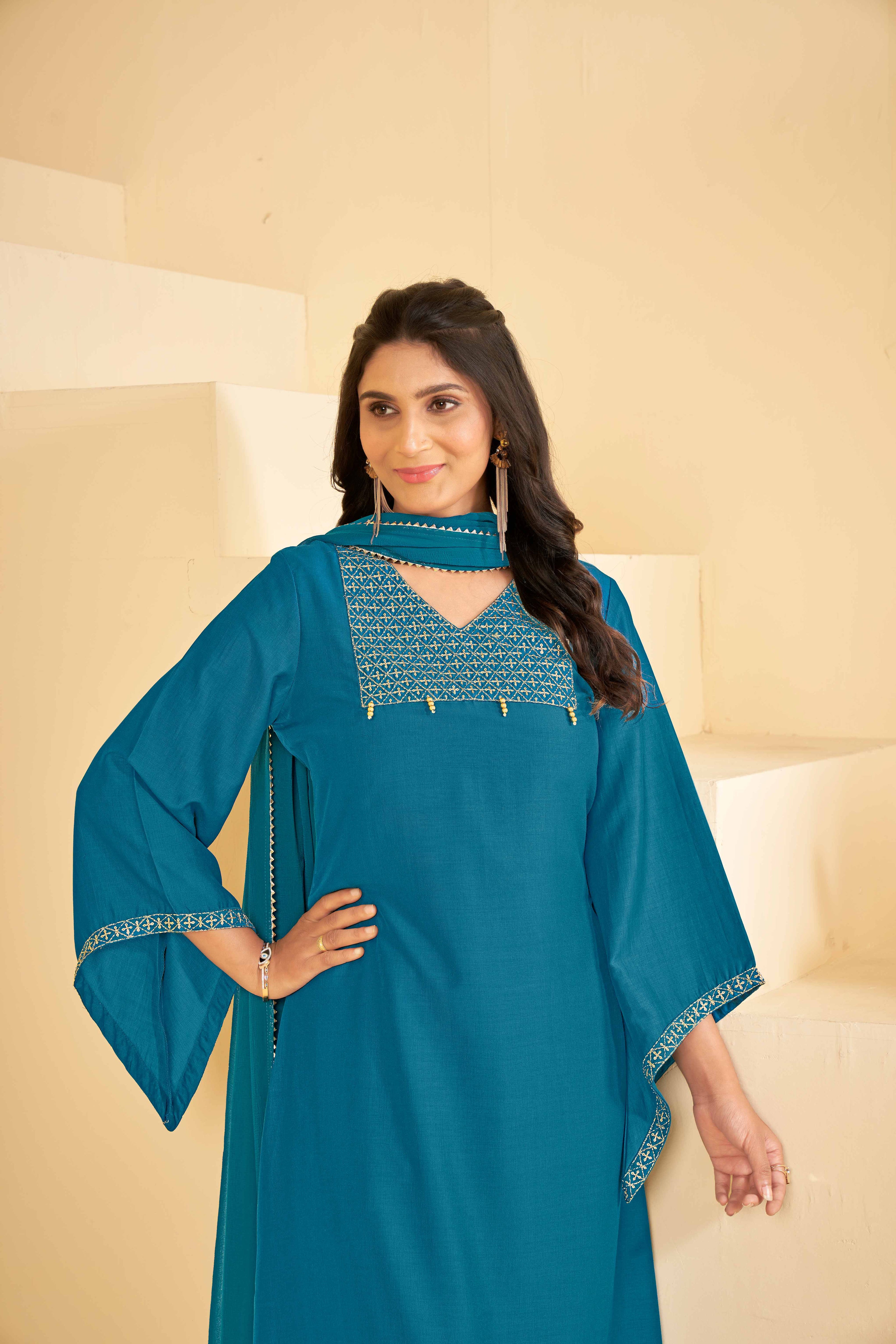 Blue A-Line Kurti Set with Maching Pant & Dupatta - Resham