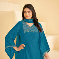 Blue A-Line Kurti Set with Maching Pant & Dupatta - Resham
